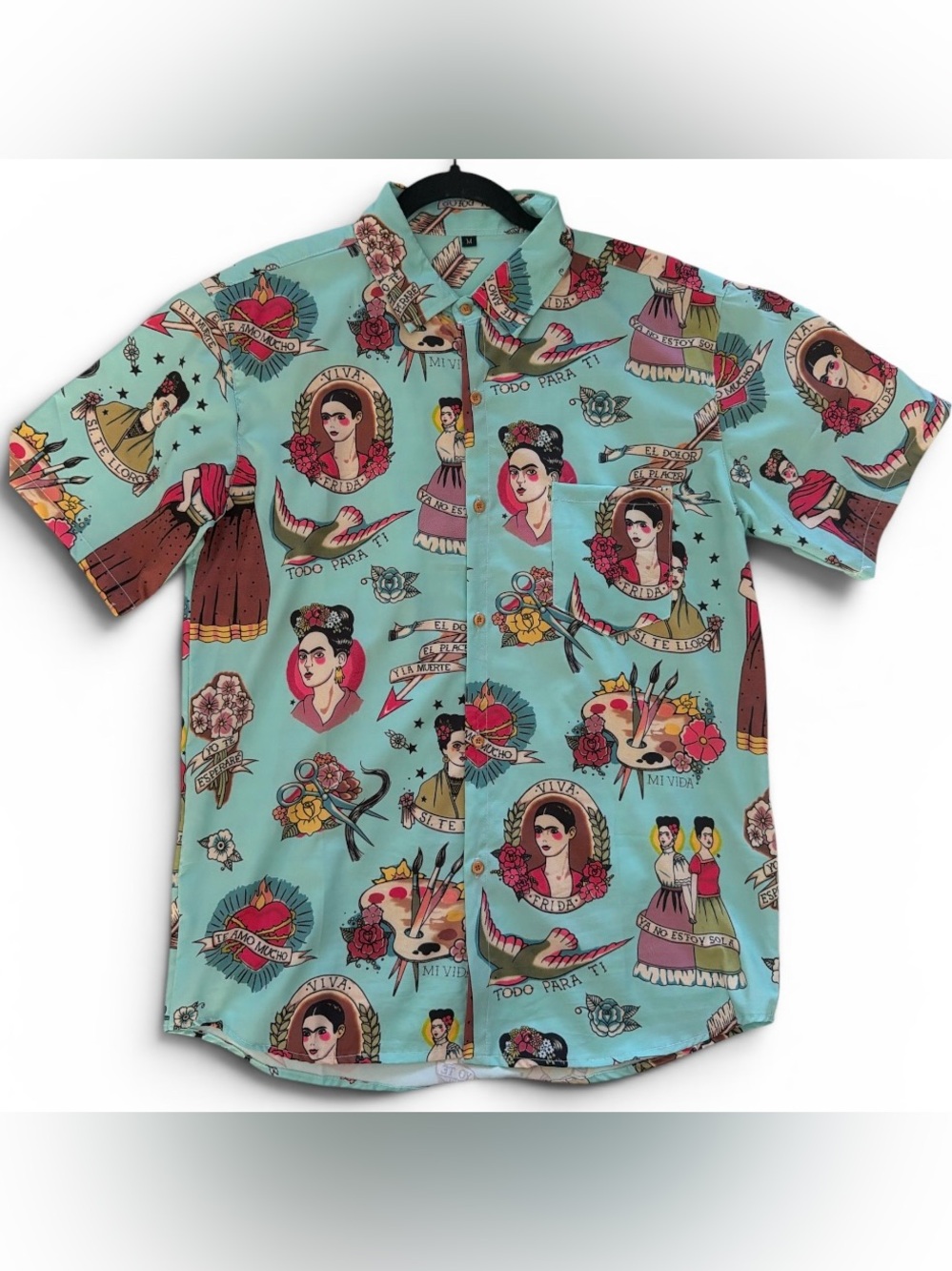 Men's Short-Sleeve Frida Kahlo Print Shirt - Aqua